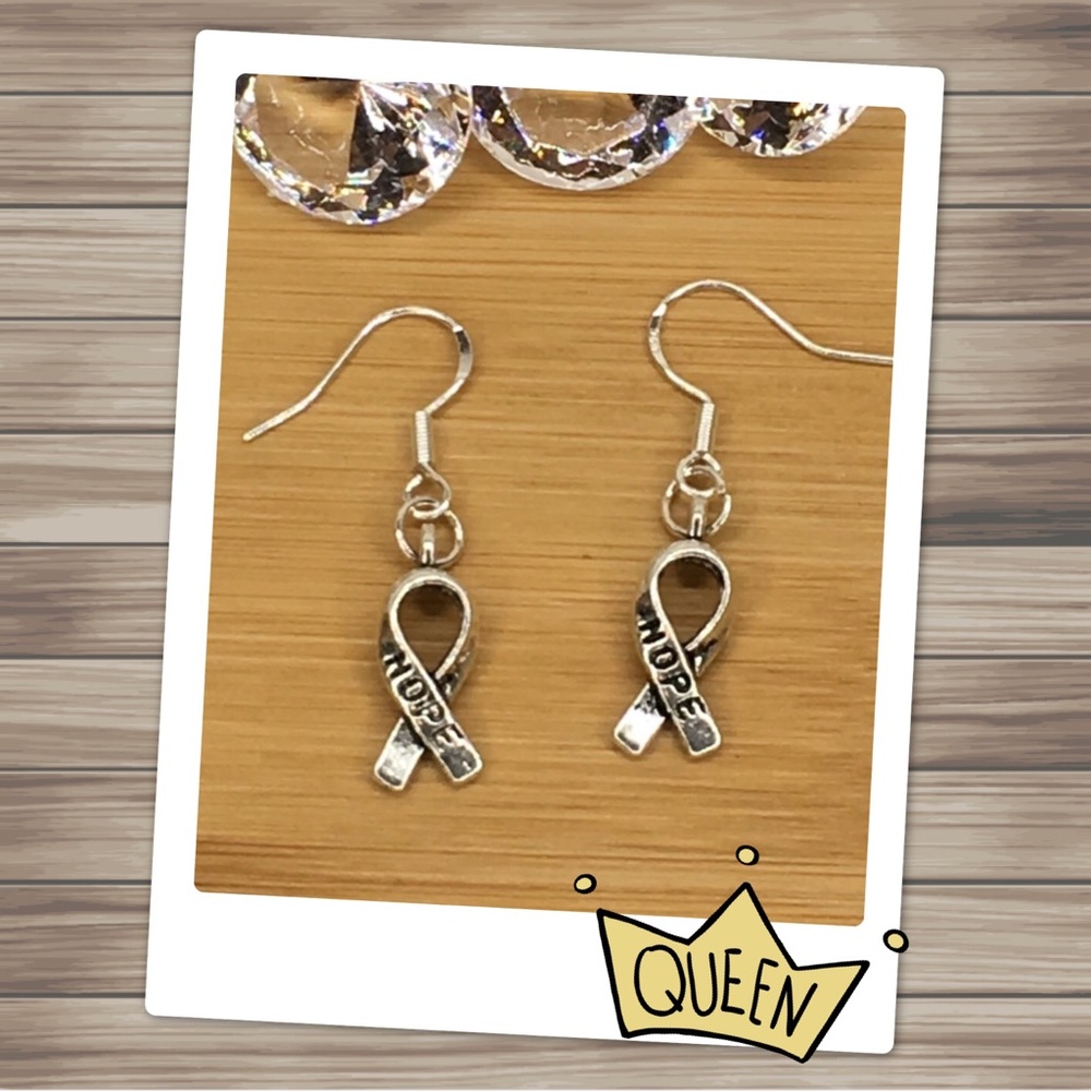 Ribbon Hope .925 Silver Hook Earrings - Picture 1 of 8